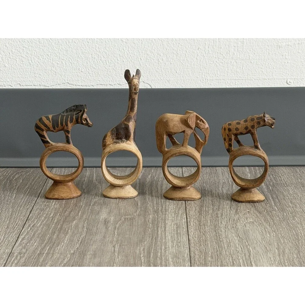 Vintage set of 4 Hand Carved Wooden African Safari Animal Napkin Ring Holders